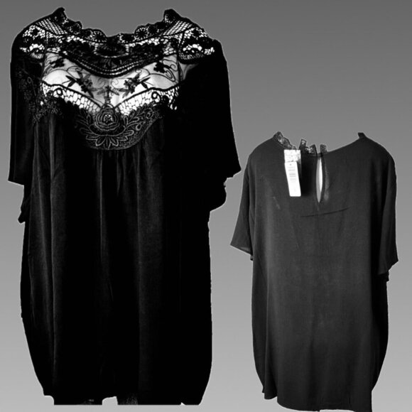 Torrid Tops - Torrid +6 Black High Neck Sheer Mesh Crochet Keyhole Back Short Sleeve Blouse